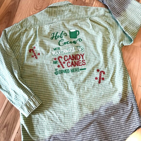 Upcycled Plaid Christmas Shirt, Plus Size: Bleached, Painted Holiday Graphics - Picture 6 of 12
